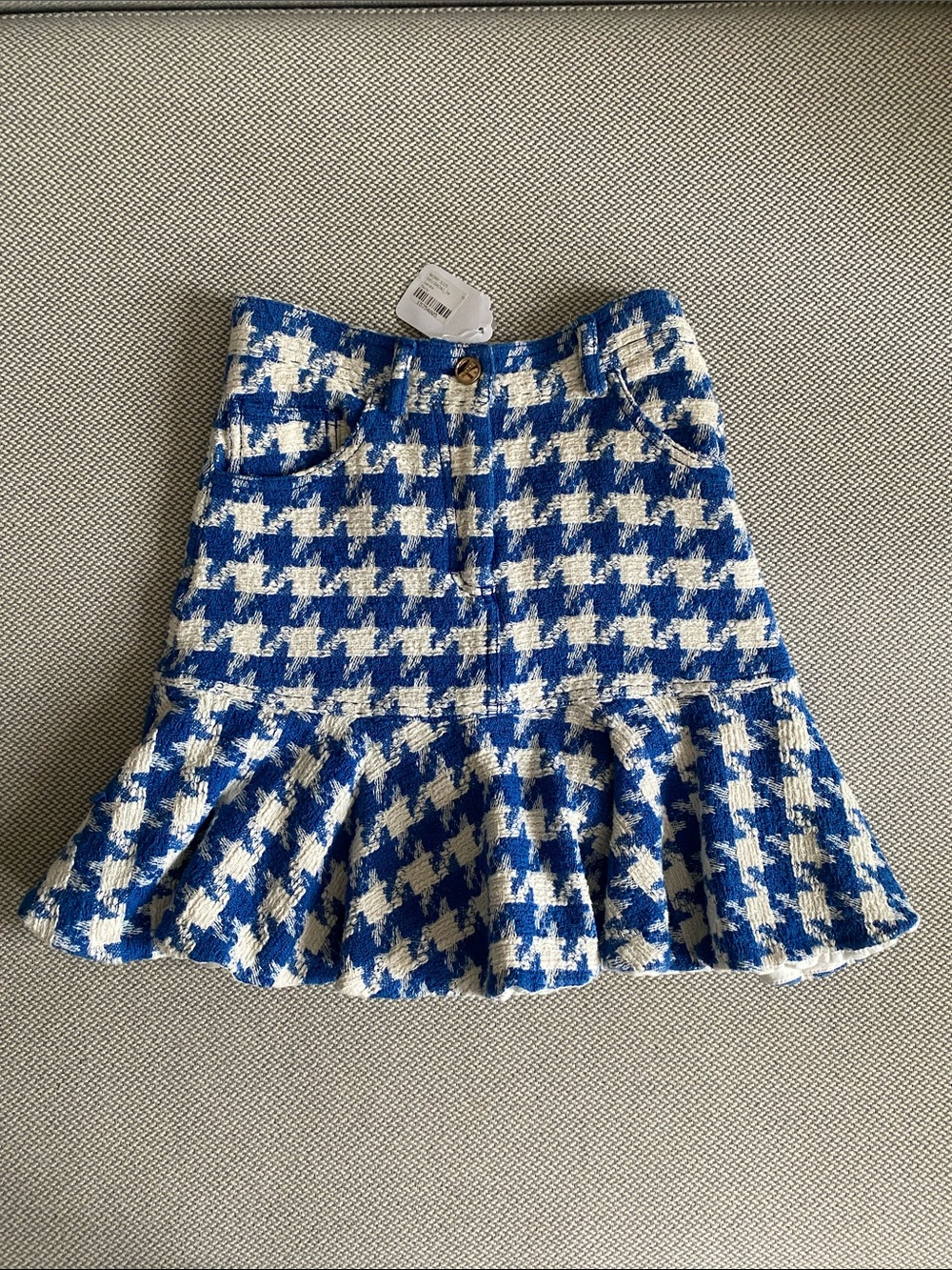 Sandro Blue and White Houndstooth Flared Skirt